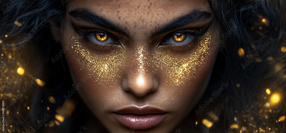 A close-up of a striking face adorned with golden glitter and intense eyes. A close-up of a striking face adorned with golden glitter and intense eyes.
