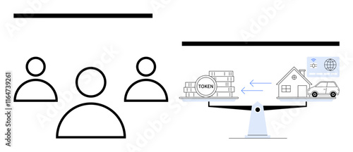 Simplified group icons beside scales balancing token stacks vs. assets thumbs up housing, car, and charts. Ideal for teamwork, finance, investment, real estate, digital assets decentralization