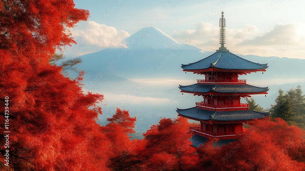 Obraz premium Autumnal Pagoda and Majestic Mount Fuji Landscape