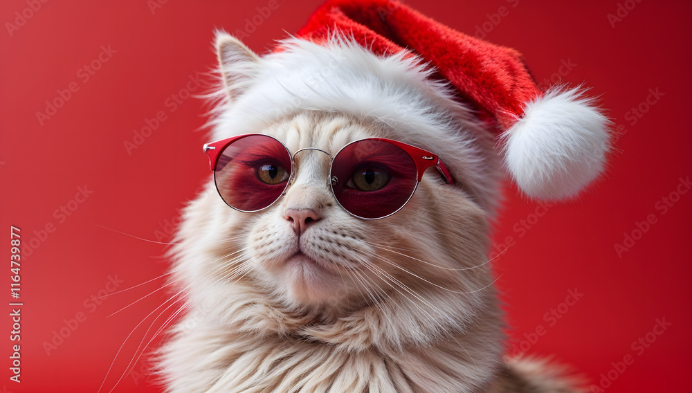 Сute fluffy cat in a Christmas hat is isolated on an red background, looking into the camera. Cat Santa in a Christmas hat on an red background. Christmas concept. Сute fluffy cat in a Christmas hat is isolated on an red background, looking into the camera. Cat Santa in a Christmas hat on an red background. Christmas concept.