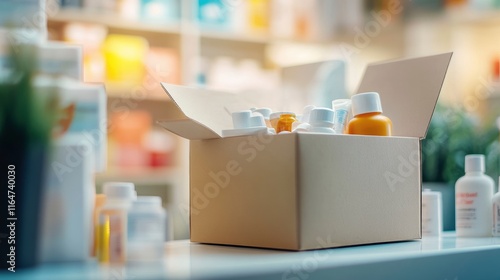 Wallpaper Mural Create a limage of a pharmacy delivery package with a neatly packed box of medicine, vitamins, and health products. The box should be open, revealing the well-organized contents. Torontodigital.ca