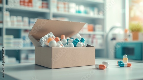 Create a limage of a pharmacy delivery package with a neatly packed box of medicine, vitamins, and health products. The box should be open, revealing the well-organized contents. photo