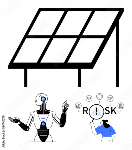 Solar panel representing clean energy, robot symbolizing AI, and human analyzing risk with a magnifying glass. Ideal for sustainability, technology, innovation, research, AI, problem-solving