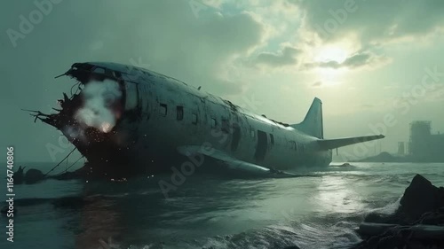 Dramatic of airplane accident. Crashed and burnt in the ocean on the sunset background.