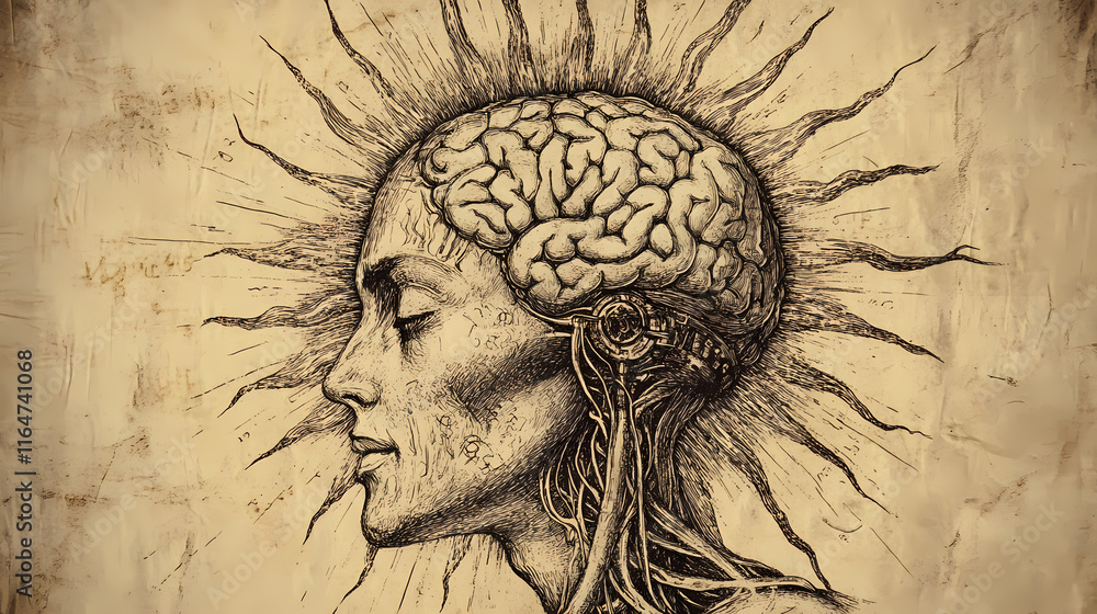 Fototapeta premium There is a drawing of a brain with a sunburst on it. Sunburst. Illustration