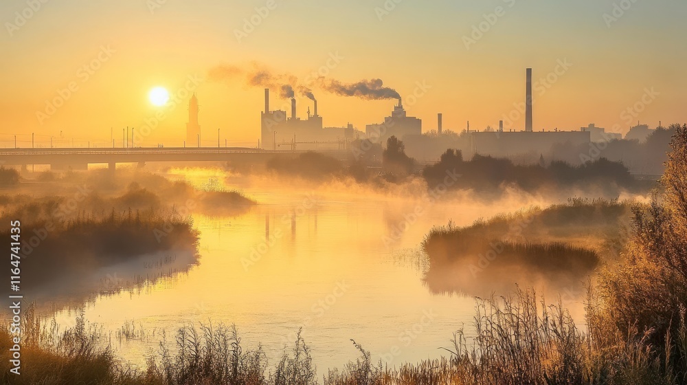 Sunrise Over City with Smog and River View Sunrise Over City with Smog and River View