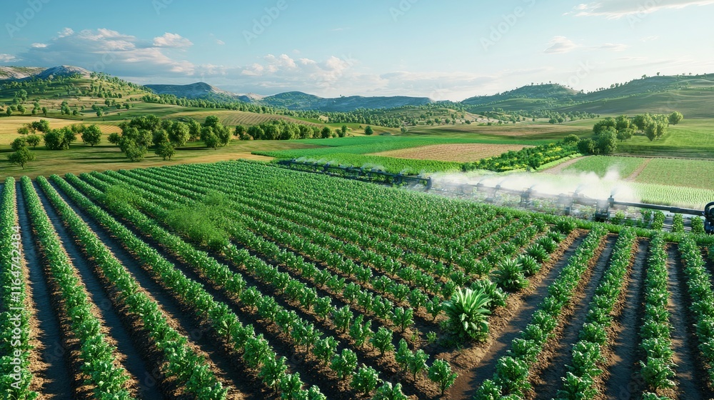 showing a smart irrigation system watering rows of crops. The field should be neatly divided into patches, with green crops and visible irrigation pipes. showing a smart irrigation system watering rows of crops. The field should be neatly divided into patches, with green crops and visible irrigation pipes.