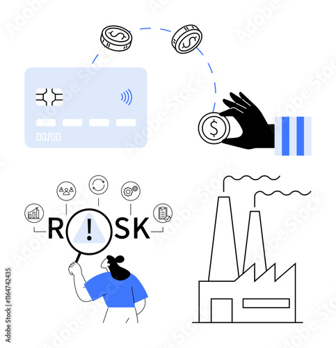 Credit card transactions, hand with coin, risk magnified by lens, industrial factory. Ideal for finance, business strategy, investment, manufacturing, risk management fintech abstract line flat