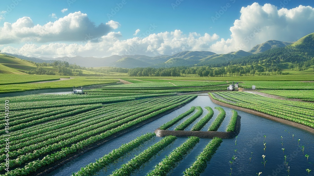 showing a smart irrigation system watering rows of crops. The field should be neatly divided into patches, with green crops and visible irrigation pipes. showing a smart irrigation system watering rows of crops. The field should be neatly divided into patches, with green crops and visible irrigation pipes.