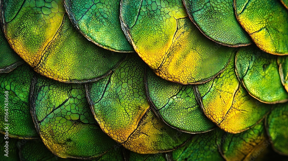 Obraz premium Close-up of vibrant green and yellow reptile scales with intricate patterns