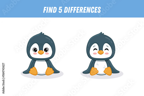 Find 5 differences between two pictures of cute penguin. Cartoon animal. Educational logical game for children. Vector illustration
