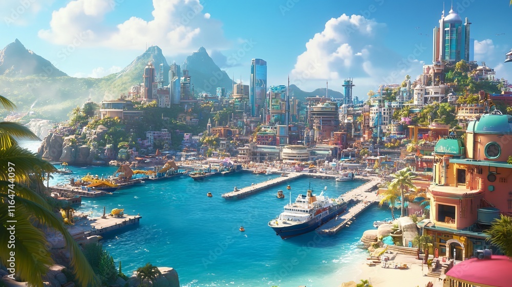 Obraz premium Vibrant Tropical Cityscape: A Coastal Metropolis Nestled Among Lush Mountains