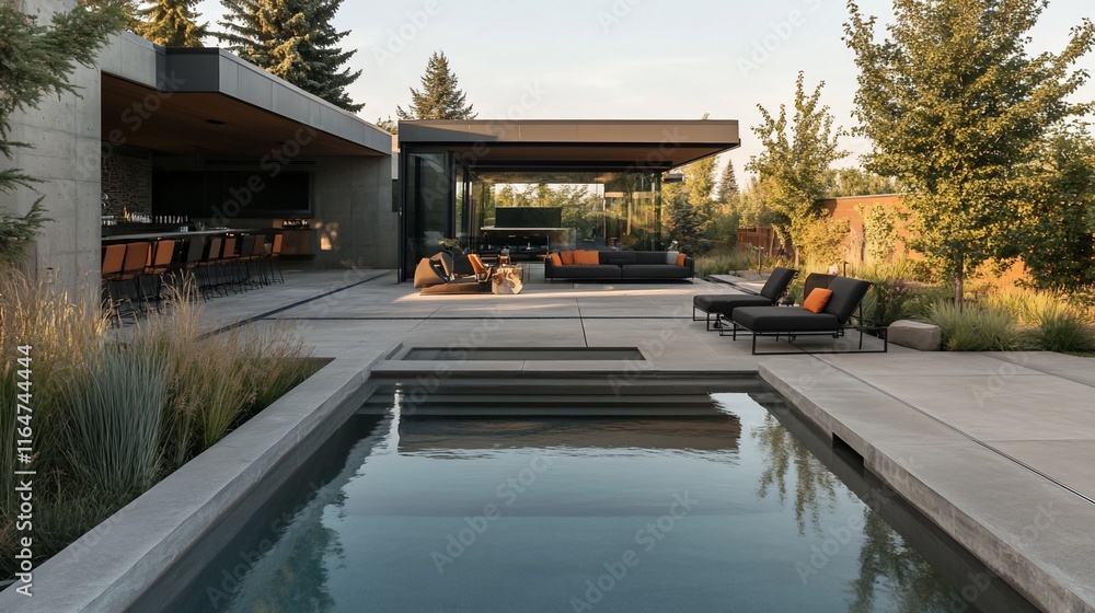 Fototapeta premium Modern Luxury Backyard Oasis: Concrete Pool, Lounge Area, and Architectural Design