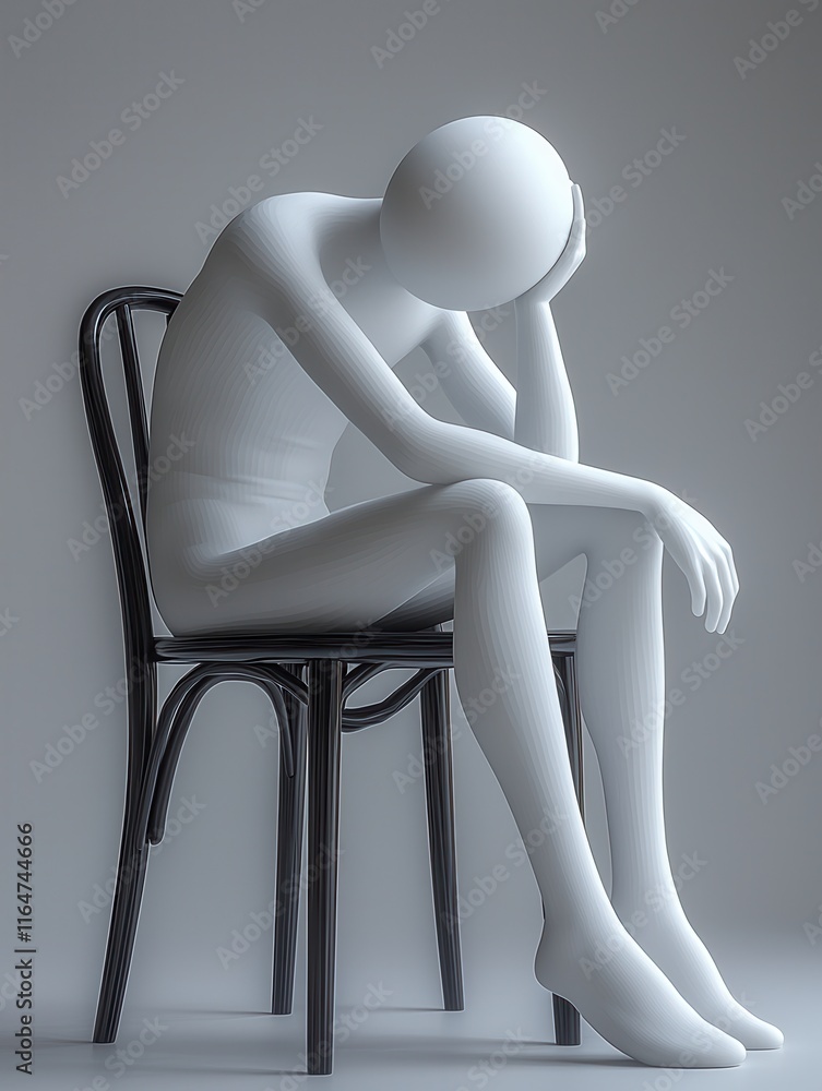 A white featureless figure sits slumped in a black chair head in hand conveying sadness or depression. Suitable for mental health or psychology themes. A white featureless figure sits slumped in a black chair head in hand conveying sadness or depression. Suitable for mental health or psychology themes.