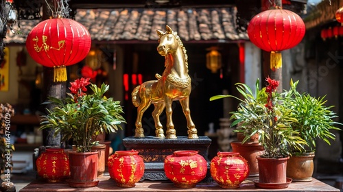 Golden Horse Statue Adorned with Red Lanterns and Plants in a Traditional Asian Setting photo