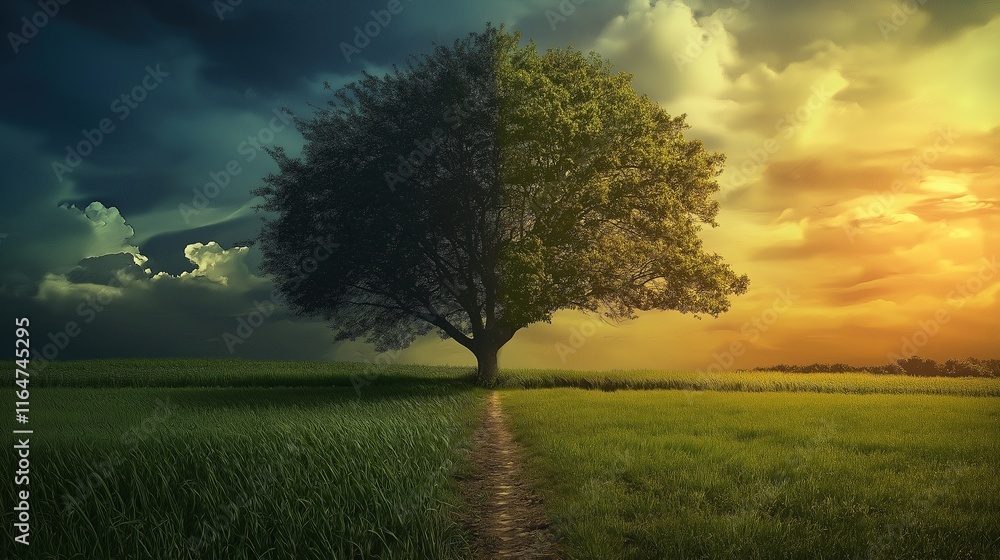 A tree is shown in two different colors, one side is green A tree is shown in two different colors, one side is green