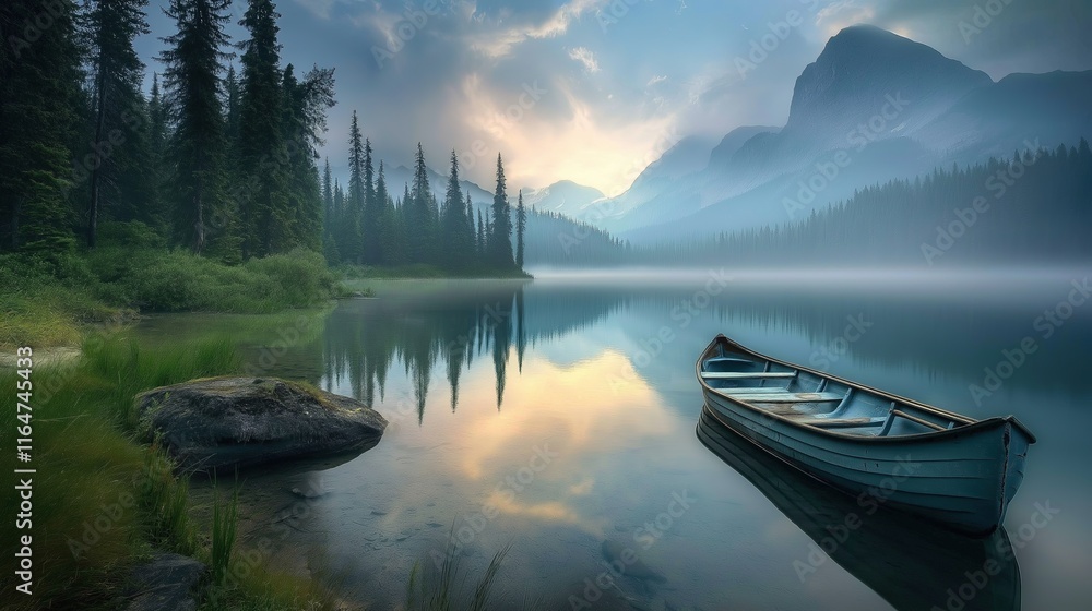 A small boat sits in a lake surrounded by trees A small boat sits in a lake surrounded by trees