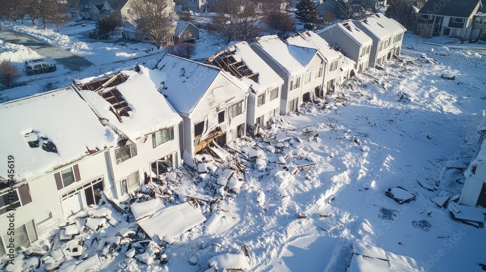 A row of suburban homes severely damaged by snow, rooftops collapsed under the weight, and windows shattered as residents assess the destruction A row of suburban homes severely damaged by snow, rooftops collapsed under the weight, and windows shattered as residents assess the destruction