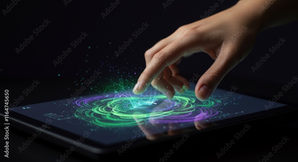 Interactive touch screen with vibrant holographic display in dark background Interactive touch screen with vibrant holographic display in dark background