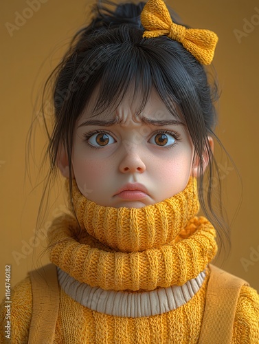 A young child with a furrowed brow and a thick yellow turtleneck sweater expresses mild displeasure.  Perfect for children's books or educational materials. photo