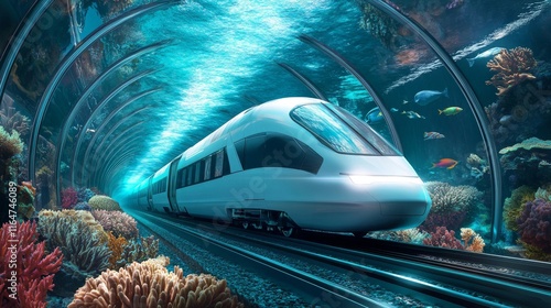 An advanced underwater tunnel in the sea, complete with a high-speed train and vibrant sea life, envisioning the future of marine transportation.