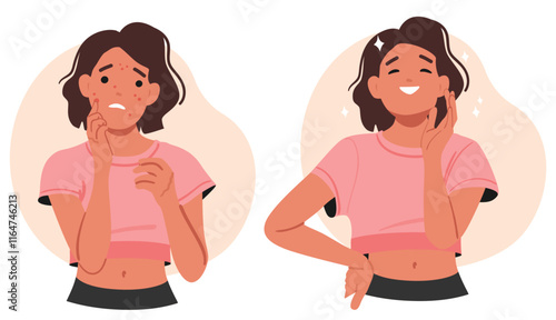 Worried and happy teenage girl cartoon character with unhealthy and healthy face skin area