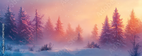 Christmas winter landscape with fir trees covered with snow, in pastel tones....