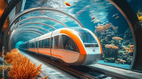 A cutting-edge underwater train travels through a glass tunnel, encircled by marine life and the ocean environment, embodying the concept of sea and future.