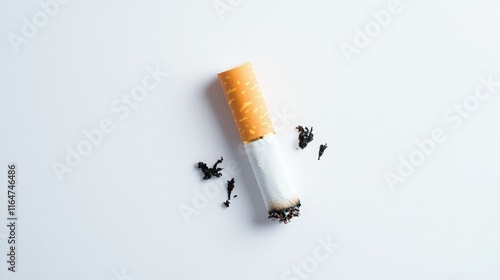 A single discarded cigarette lies on a plain surface, surrounded by scattered bits of tobacco, highlighting themes of waste and smoking. photo