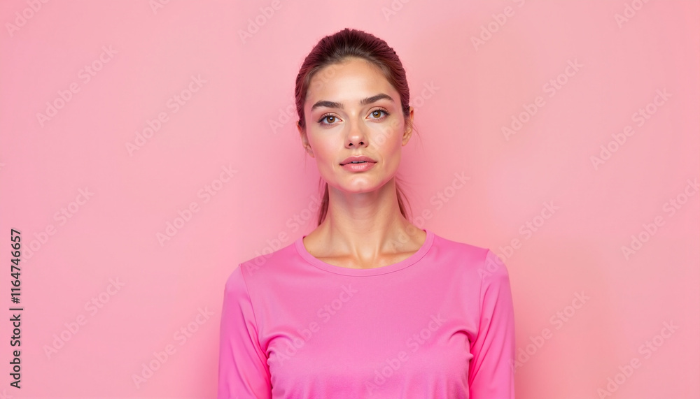 Woman in pink shirt expressing confidence against pink background Woman in pink shirt expressing confidence against pink background