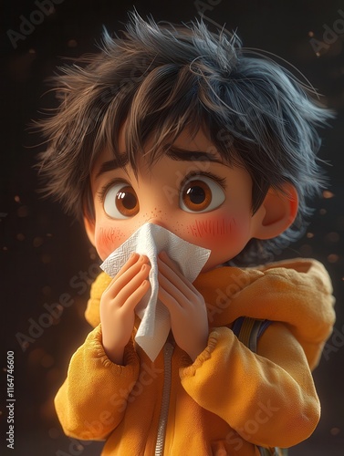 A heartwarming image of a child with a tissue. Ideal for promoting health and wellness products or services for children.  Perfect for a pediatrician's office or children's hospital.