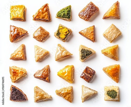 Turkish sweets on a white background, including Turkish and Egyptian delicacies like baklava and other Middle Eastern desserts. photo