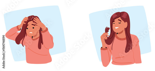 Young woman cartoon character suffering from dandruff sick hair before and after treatment procedure