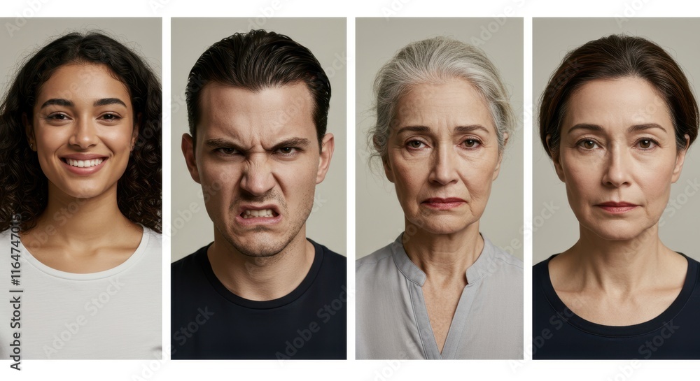 Diverse emotions on human faces showcasing varied expressions for emotional concepts Diverse emotions on human faces showcasing varied expressions for emotional concepts