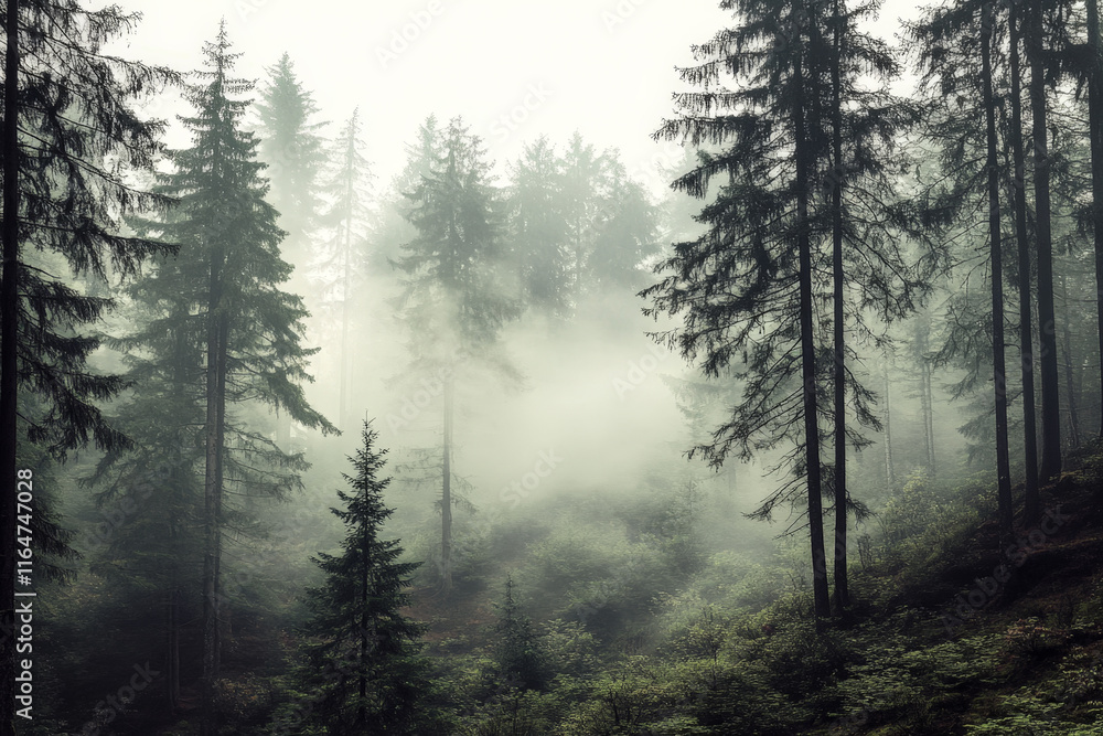 Misty landscape with mountains and dark moody fir forest in hipster vintage retro style Misty landscape with mountains and dark moody fir forest in hipster vintage retro style