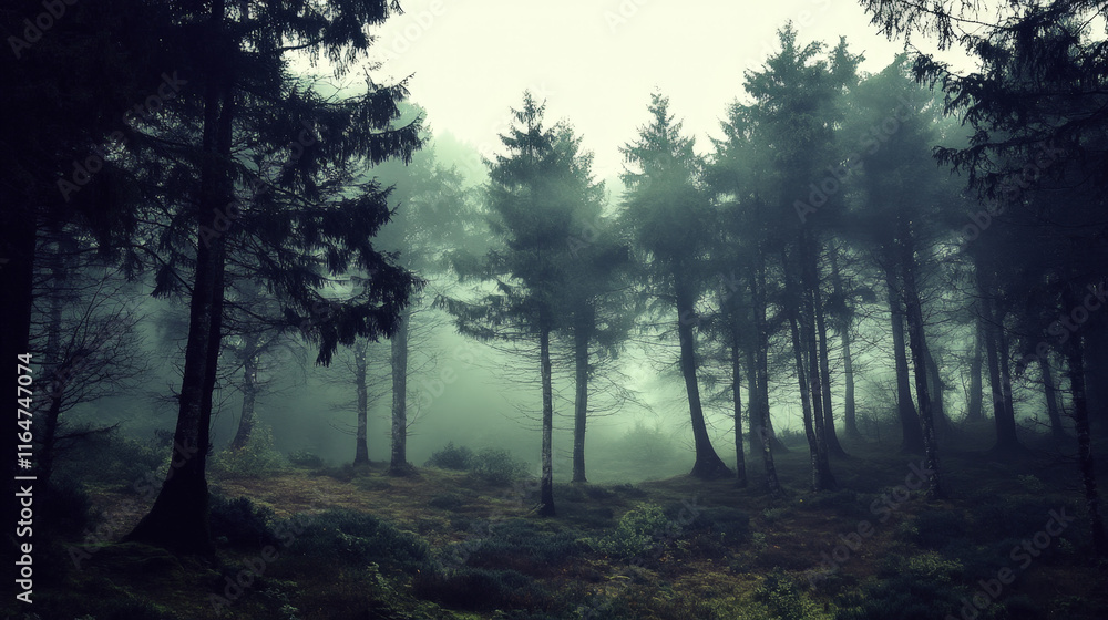Misty landscape with mountains and dark moody fir forest in hipster vintage retro style Misty landscape with mountains and dark moody fir forest in hipster vintage retro style