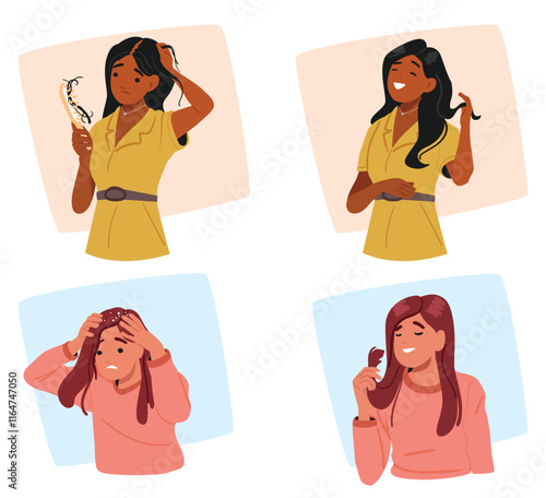 Losing hair due to dandruff, baldness or alopecia problem of woman solution vector scene set