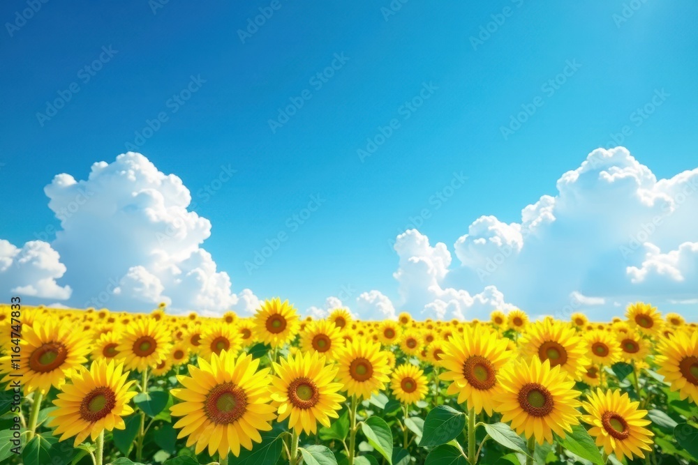 Fototapeta premium Vast sunflower field, vibrant yellow against azure sky, yellow, calm, botany