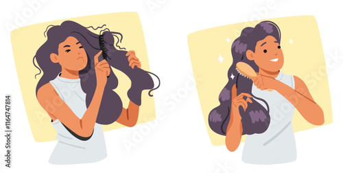 Young woman with problematic tangled dry hair difficult to comb before and after treatment