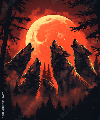 Graphic illustration of a wolf pack howling at the moon