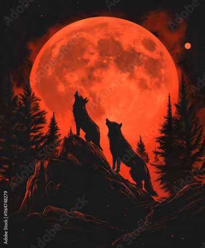 Graphic illustration of a wolf pack howling at the moon