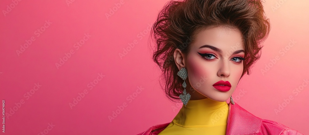 Fashion portrait of a young woman with 80s style hair and makeup against a pink background. Fashion portrait of a young woman with 80s style hair and makeup against a pink background.
