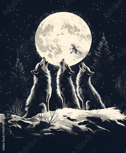 Graphic illustration of a wolf pack howling at the moon