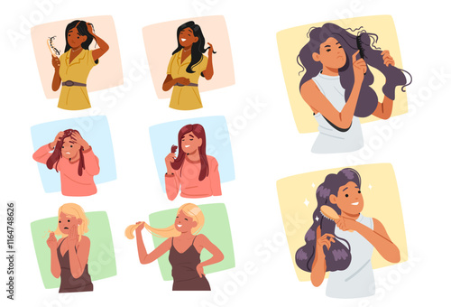 Young woman cartoon characters with hair problems before or after treatment procedure scene set
