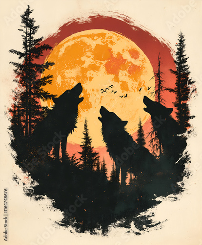 Graphic illustration of a wolf pack howling at the moon
