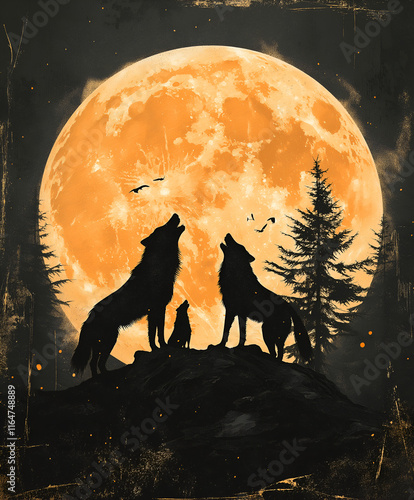 Graphic illustration of a wolf pack howling at the moon