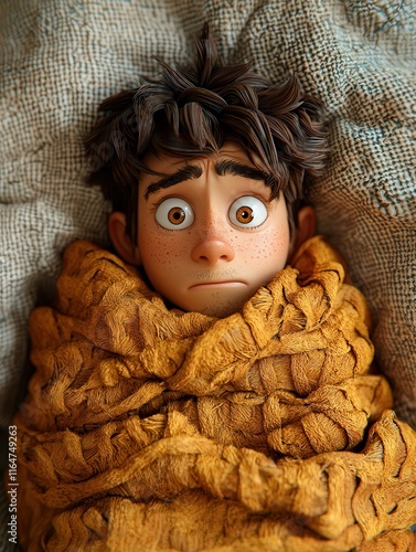 A worried boy bundled in a chunky knit blanket. Perfect for children's books, greeting cards, or animations conveying comfort, anxiety, or illness.