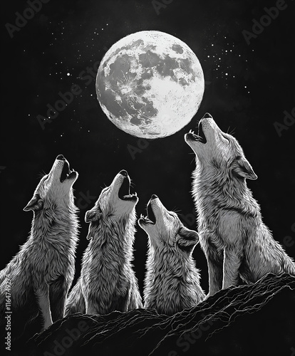 Graphic illustration of a wolf pack howling at the moon