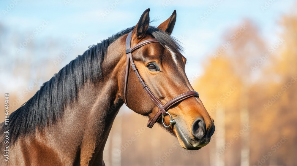 A majestic brown horse poses gracefully against a backdrop of autumn trees, reflecting the beauty of nature and the bond between humans and animals. A majestic brown horse poses gracefully against a backdrop of autumn trees, reflecting the beauty of nature and the bond between humans and animals.