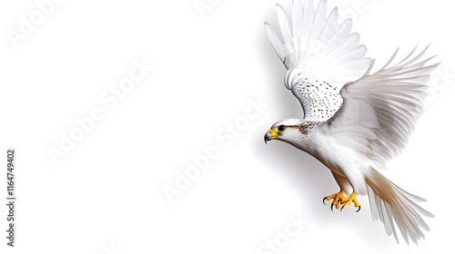 Graceful White Falcon in Mid-Flight with Outstretched Wings and Spotted Plumage, Set Against a Minimalist White Background, Representing Freedom, Precision, and the Majesty of Nature photo